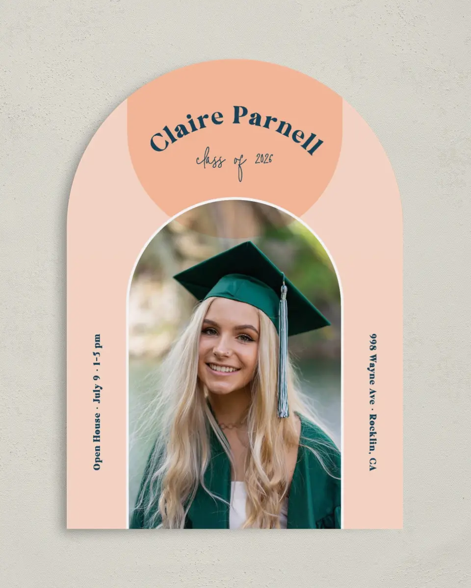 This is a 5" x 7" Graduation Announcement Card called New Start printed in full color on Premium Smooth paper