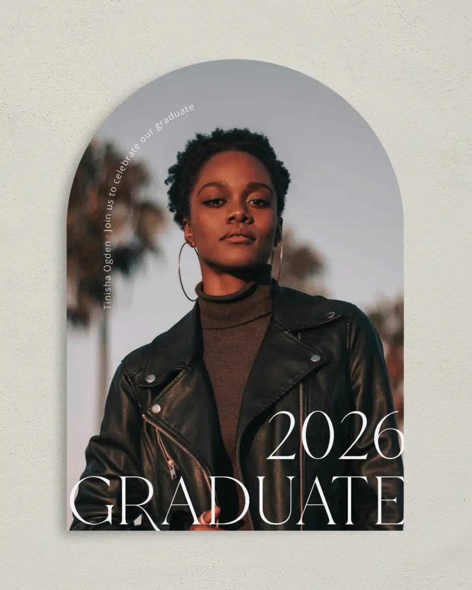 This is a 5" x 7" Graduation Announcement Card called Cool Confidence printed in full color on Premium Smooth paper