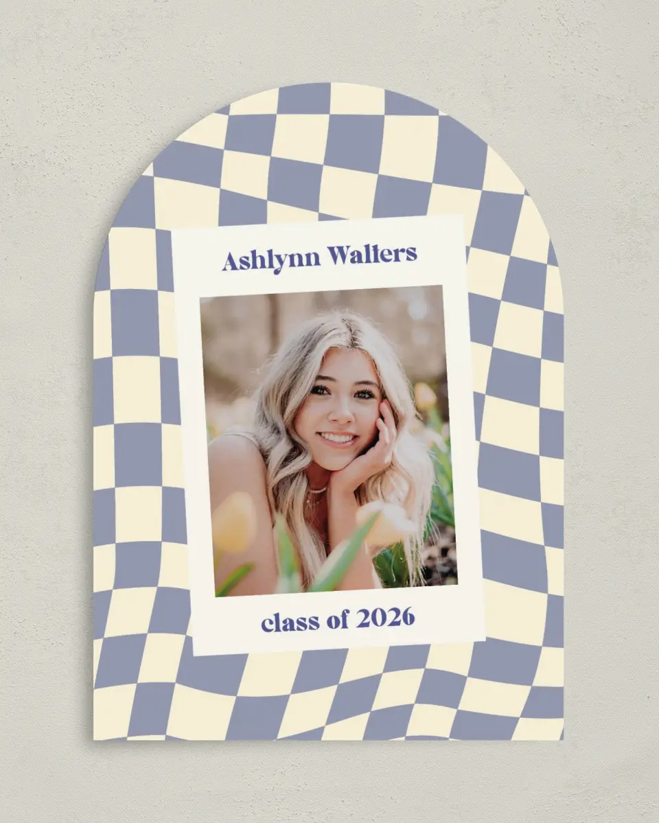 This is a 5" x 7" Graduation Announcement Card called Checkered Credit printed in full color on Premium Smooth paper