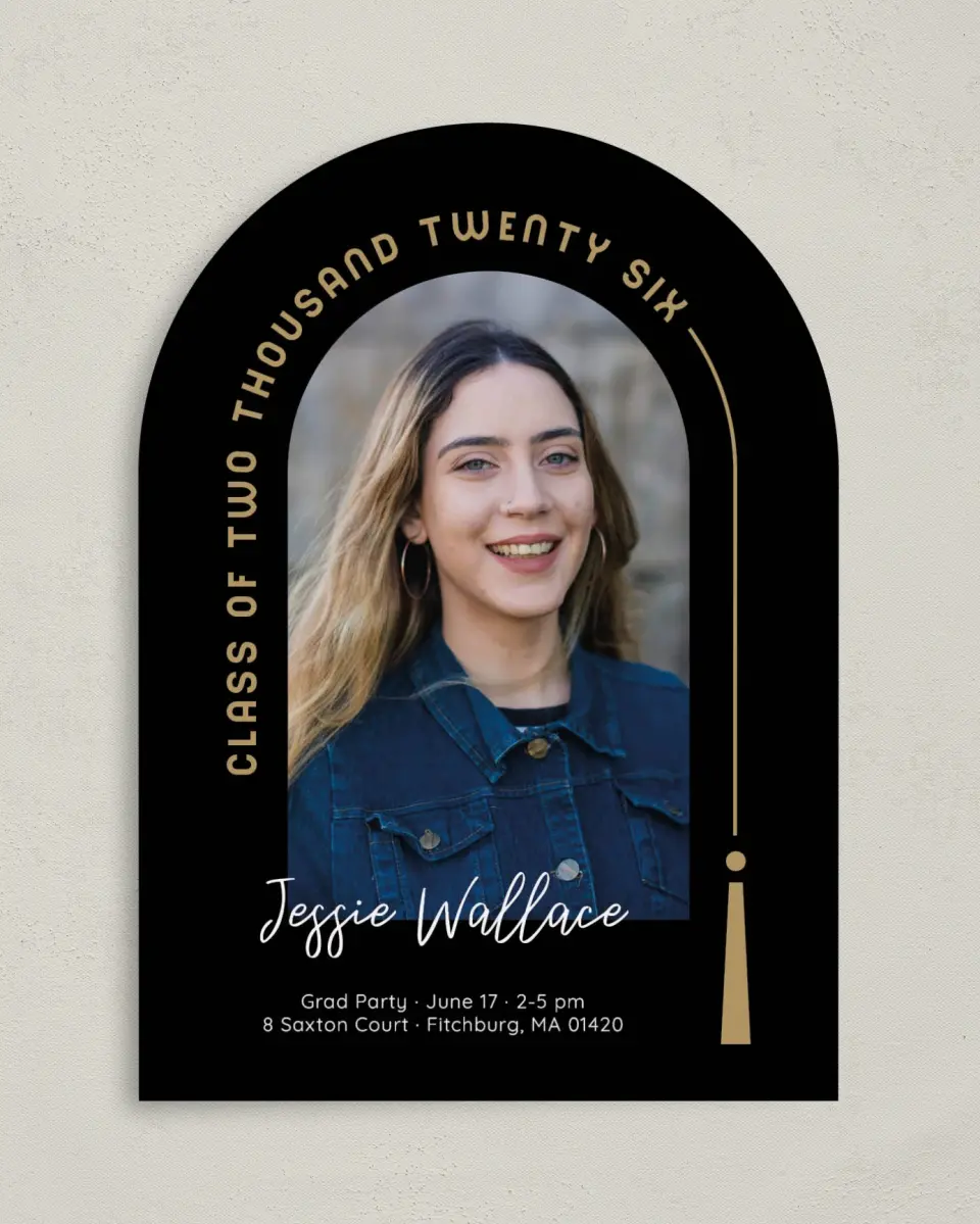 This is a 5" x 7" Graduation Announcement Card called Timeless Tassel printed in full color on Premium Smooth paper