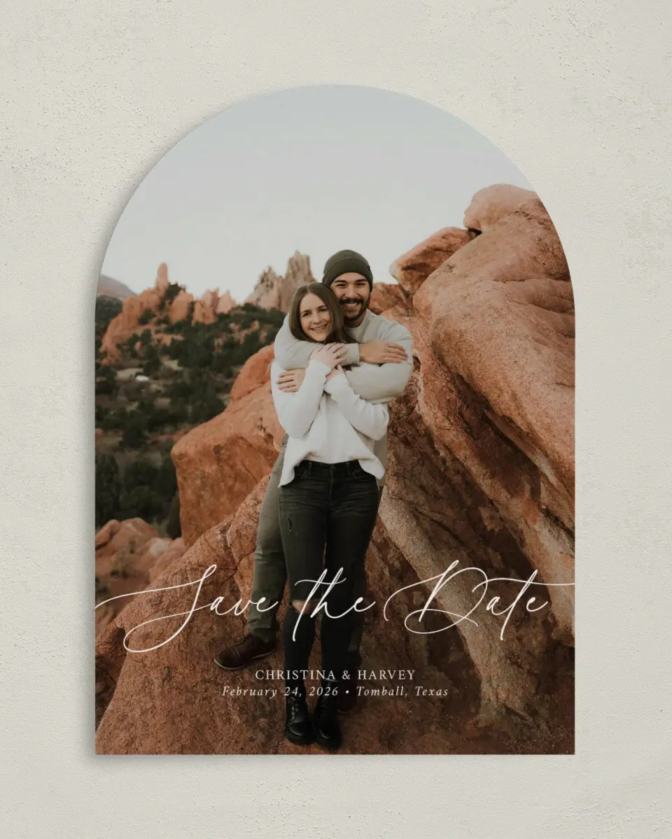 This is a 5" x 7" Arch Save the Date called The Christina printed in full color on Premium Smooth paper
