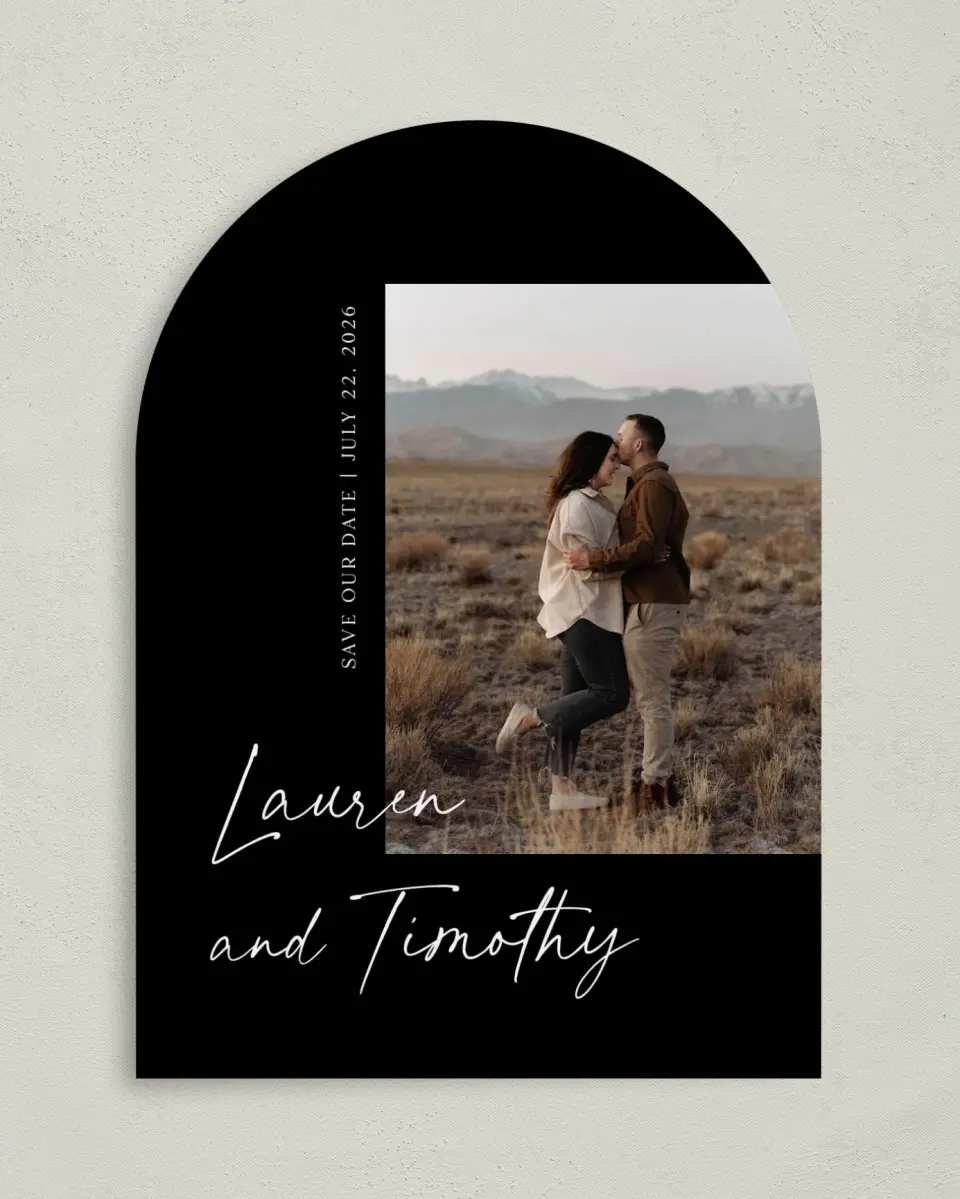 This is a 5" x 7" Arch Save the Date called The Lauren printed in full color on Premium Smooth paper