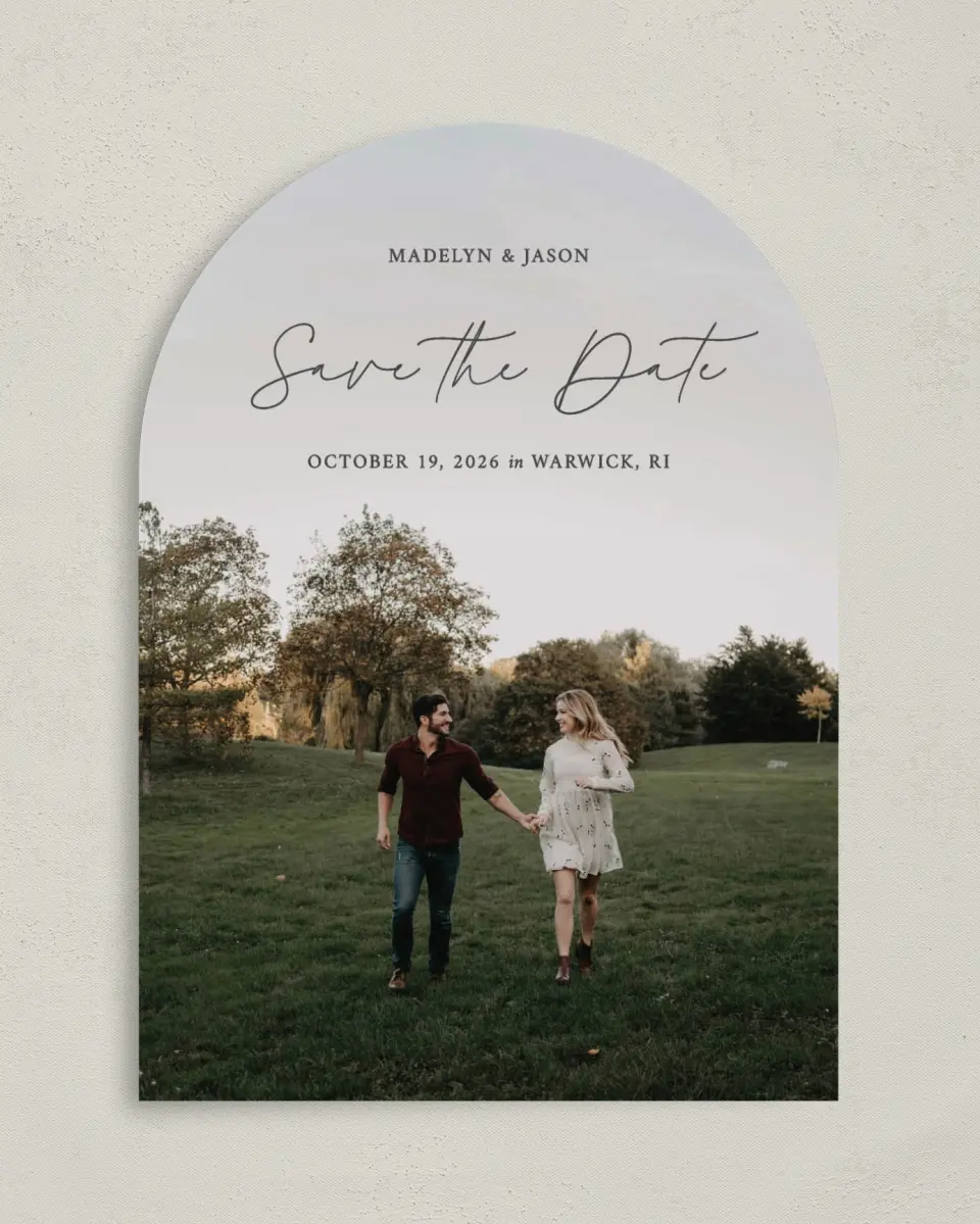 This is a 5" x 7" Arch Save the Date called The Madelyn printed in full color on Premium Smooth paper