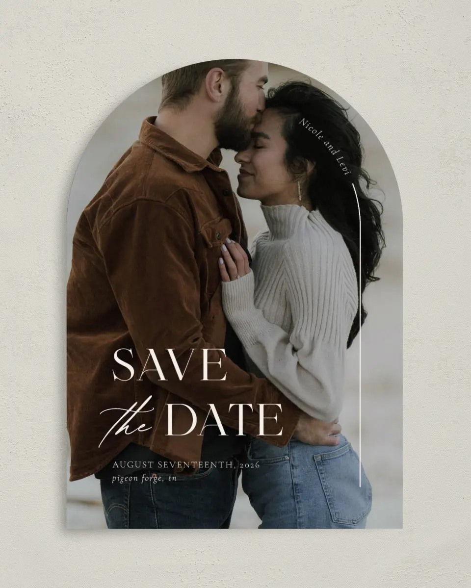 This is a 5" x 7" Arch Save the Date called The Nicole printed in full color on Premium Smooth paper