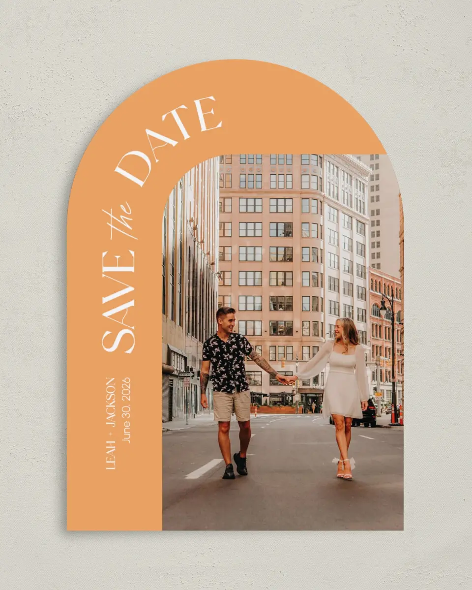 This is a 5" x 7" Arch Save the Date called The Leah printed in full color on Premium Smooth paper