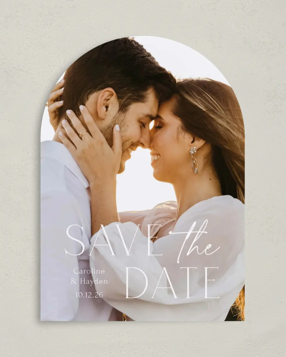 This is a 5" x 7" Arch Save the Date called The Caroline printed in full color on Premium Smooth paper