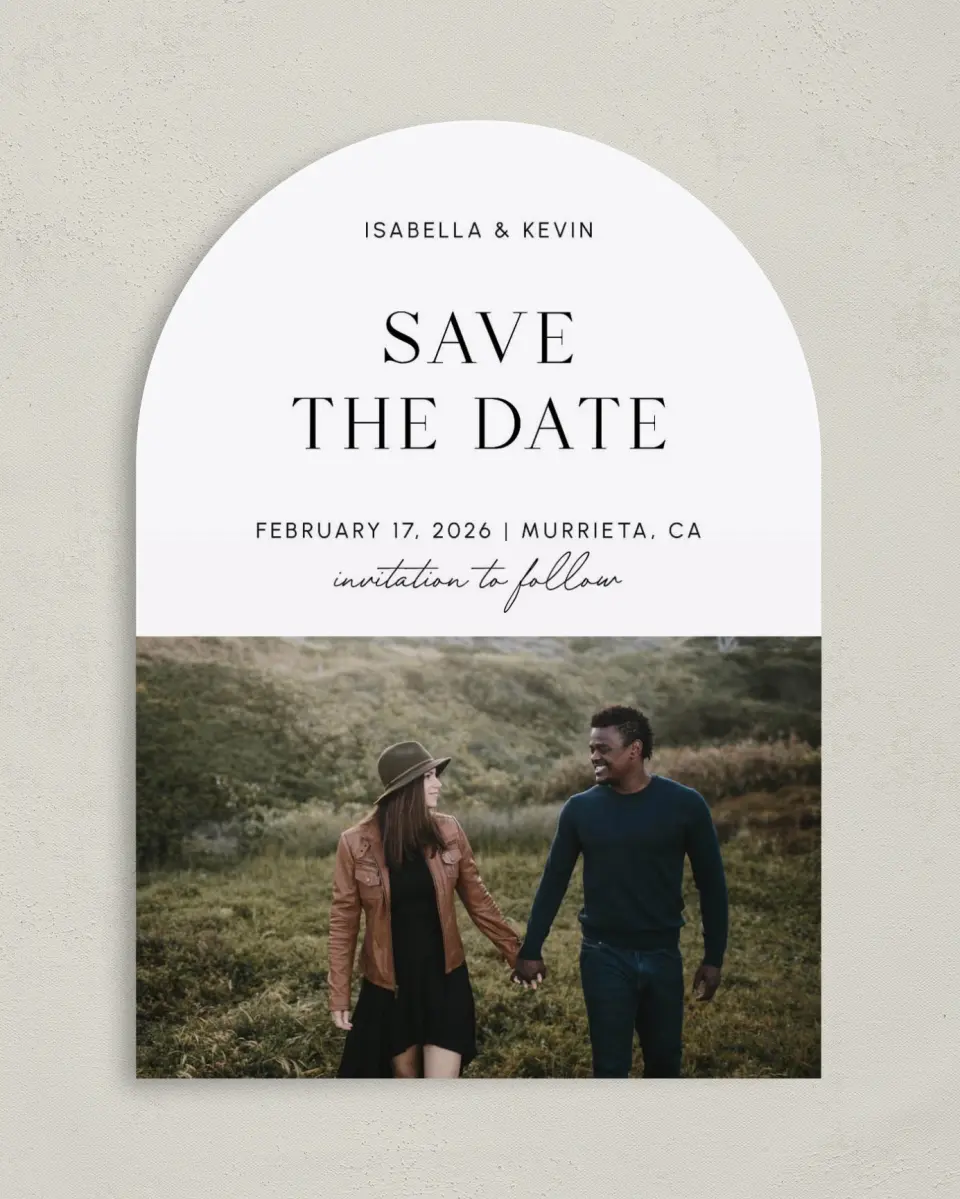 This is a 5" x 7" Arch Save the Date called The Isabella printed in full color on Premium Smooth paper