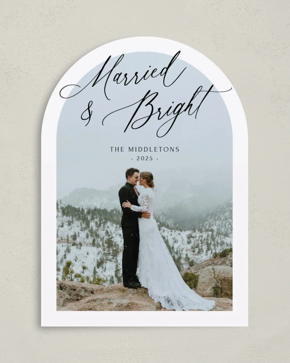 This is a 5" x 7" Christmas Card called Married & Bright printed in full color with Gold foil on Soft Suede (coated) paper