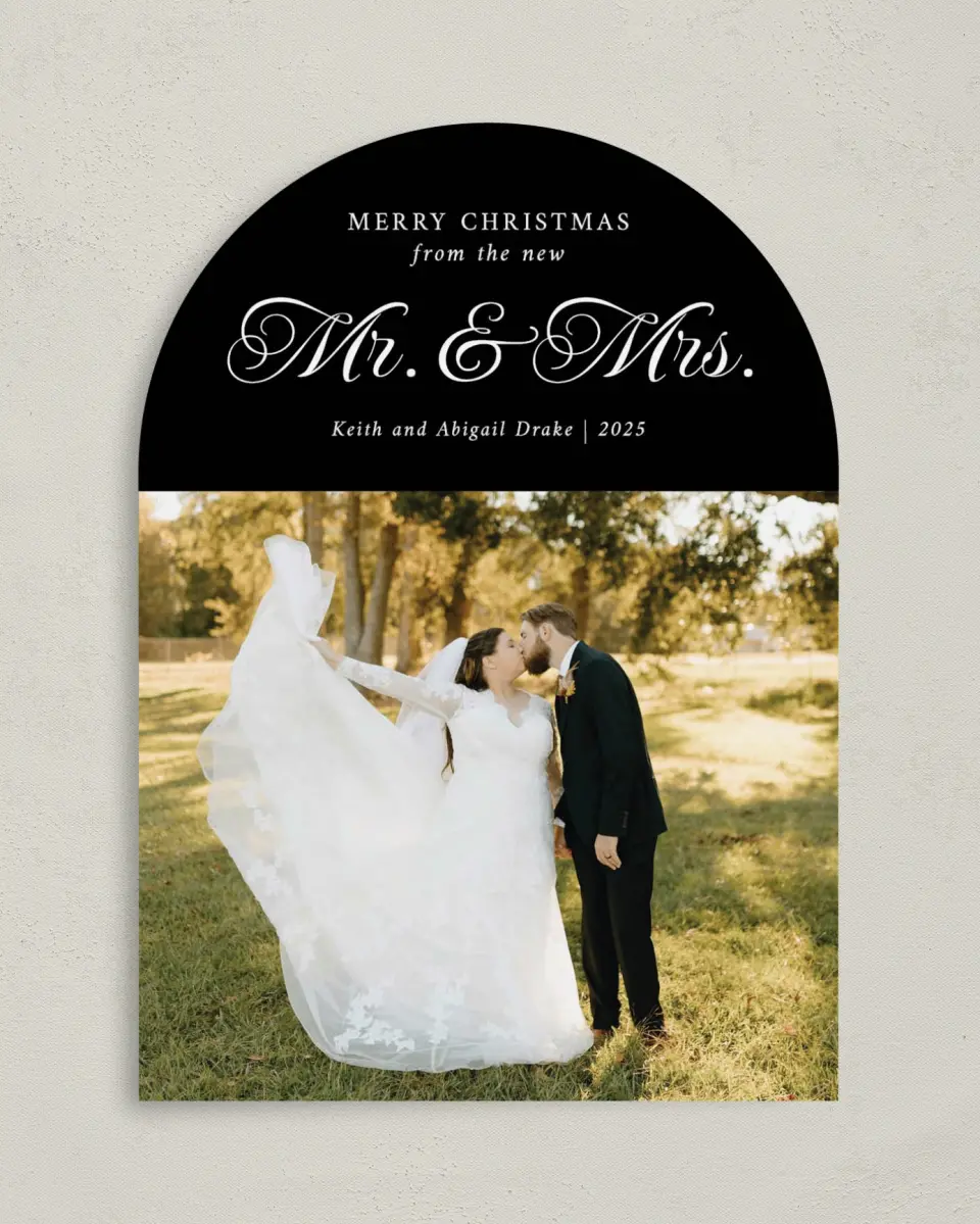 This is a 5" x 7" Christmas Card called Classic Mr. & Mrs. printed in full color with Rose Gold foil on Soft Suede (coated) paper