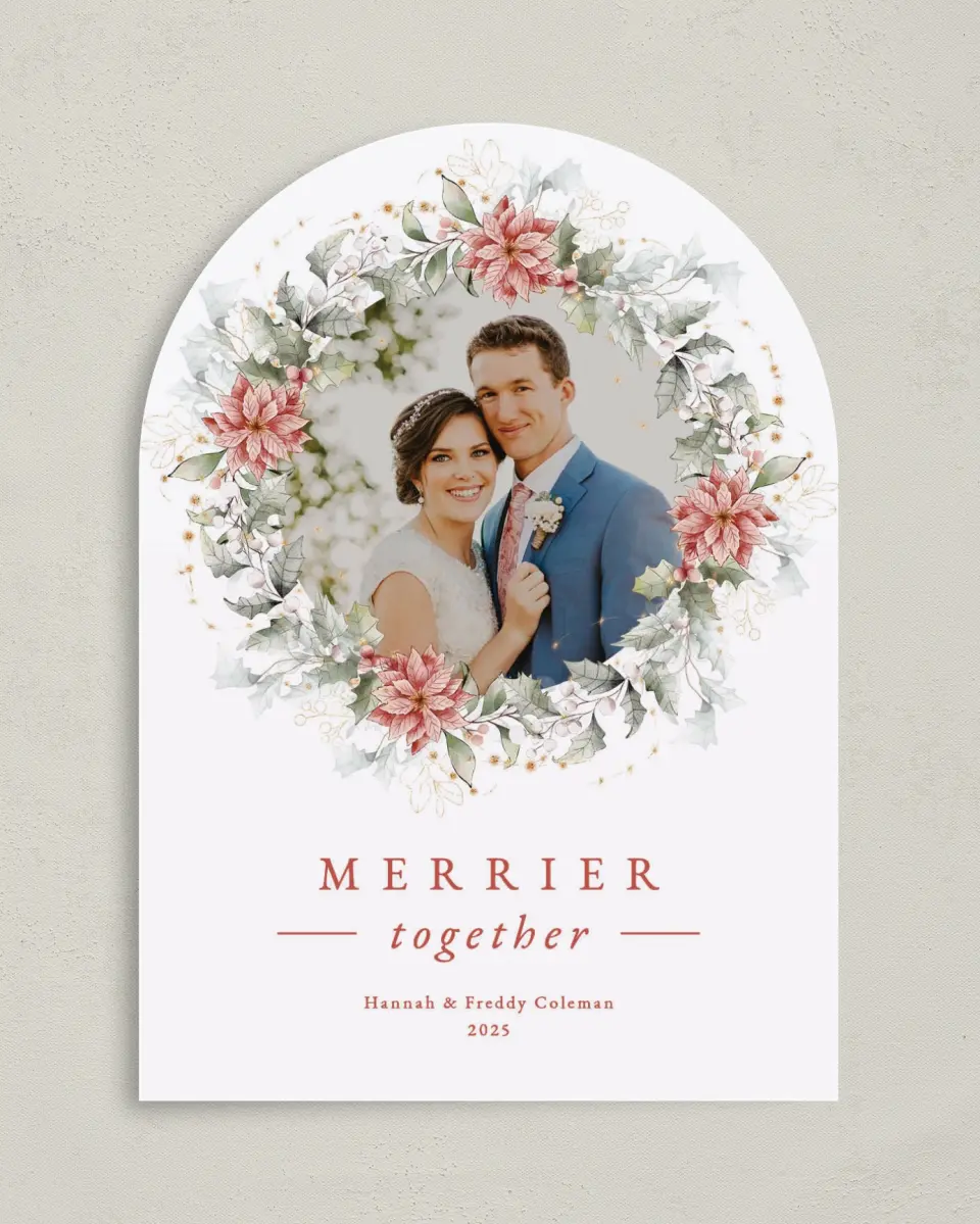 This is a 5" x 7" Christmas Card called Poinsettia Wreath printed in full color with Gold foil on Soft Suede (coated) paper