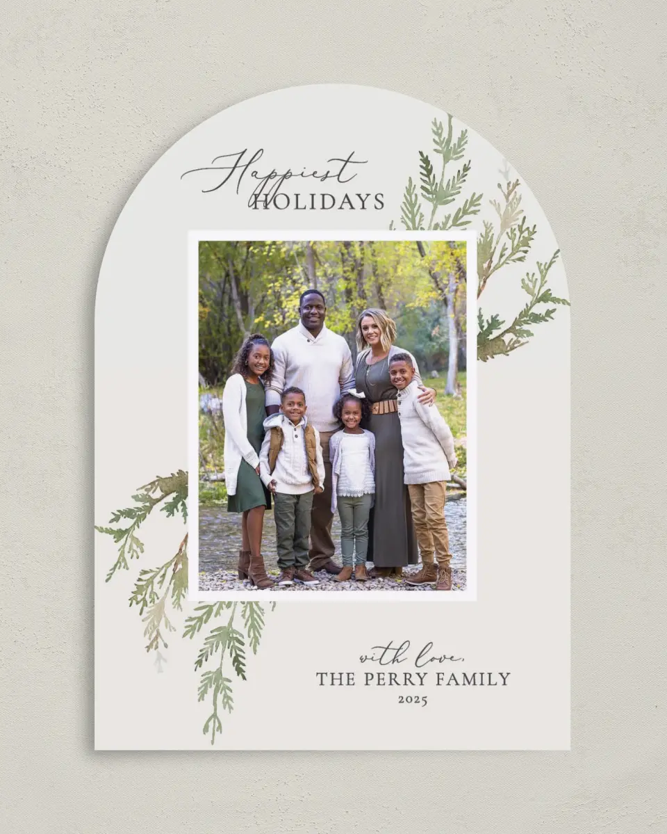 This is a 5" x 7" Christmas Card called Wintergreen Wishes printed in full color on Premium Smooth paper