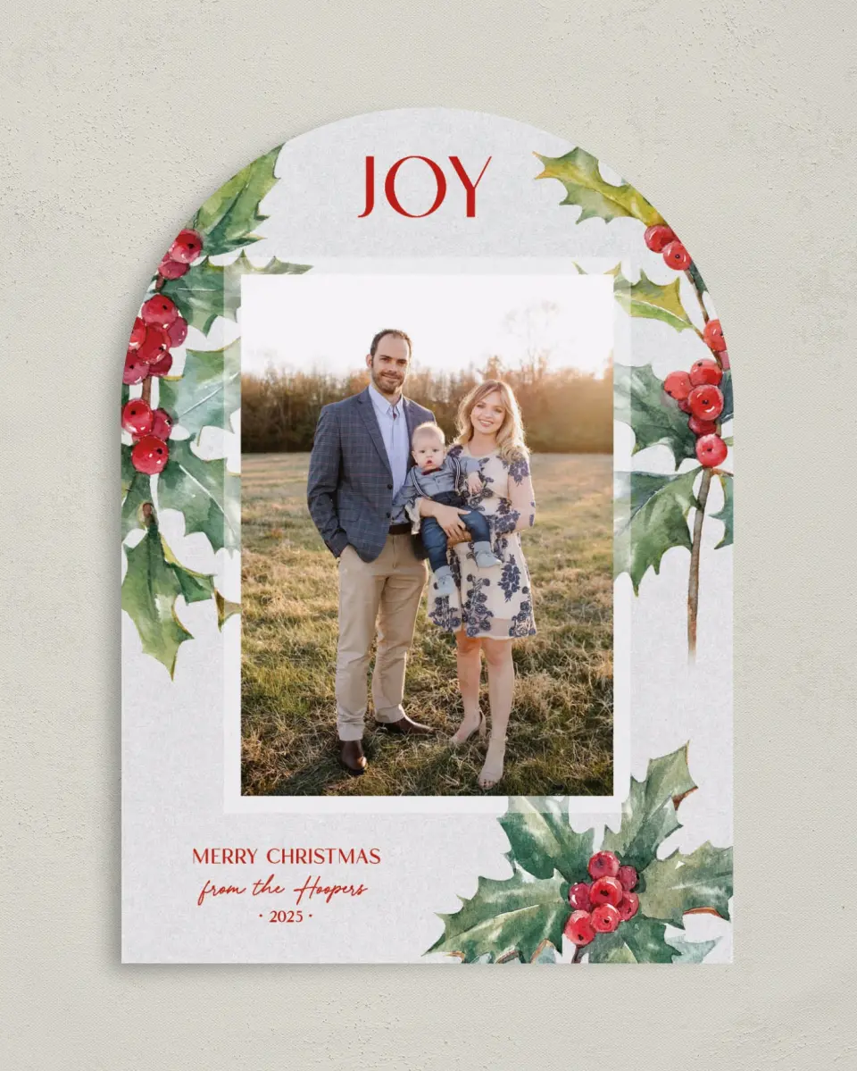 This is a 5" x 7" Christmas Card called Holiday Holly printed in full color with Silver foil on Soft Suede (coated) paper