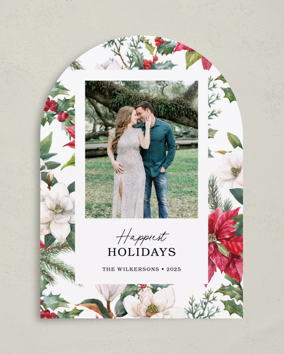 This is a 5" x 7" Christmas Card called Festive Floral printed in full color on Premium Smooth paper