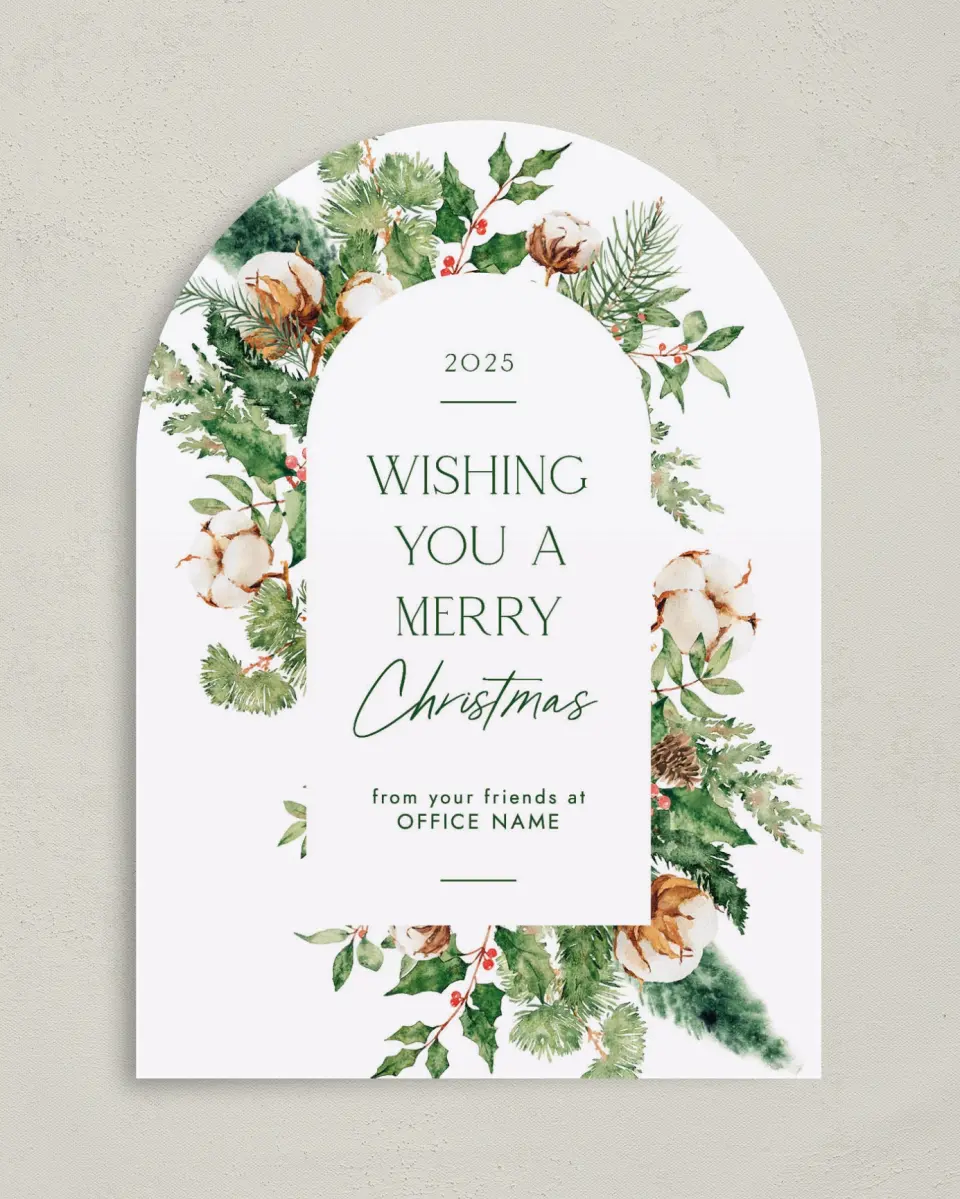 This is a 5" x 7" Christmas Card called Wreath of Cheer printed in full color with Rose Gold foil on Soft Suede (coated) paper
