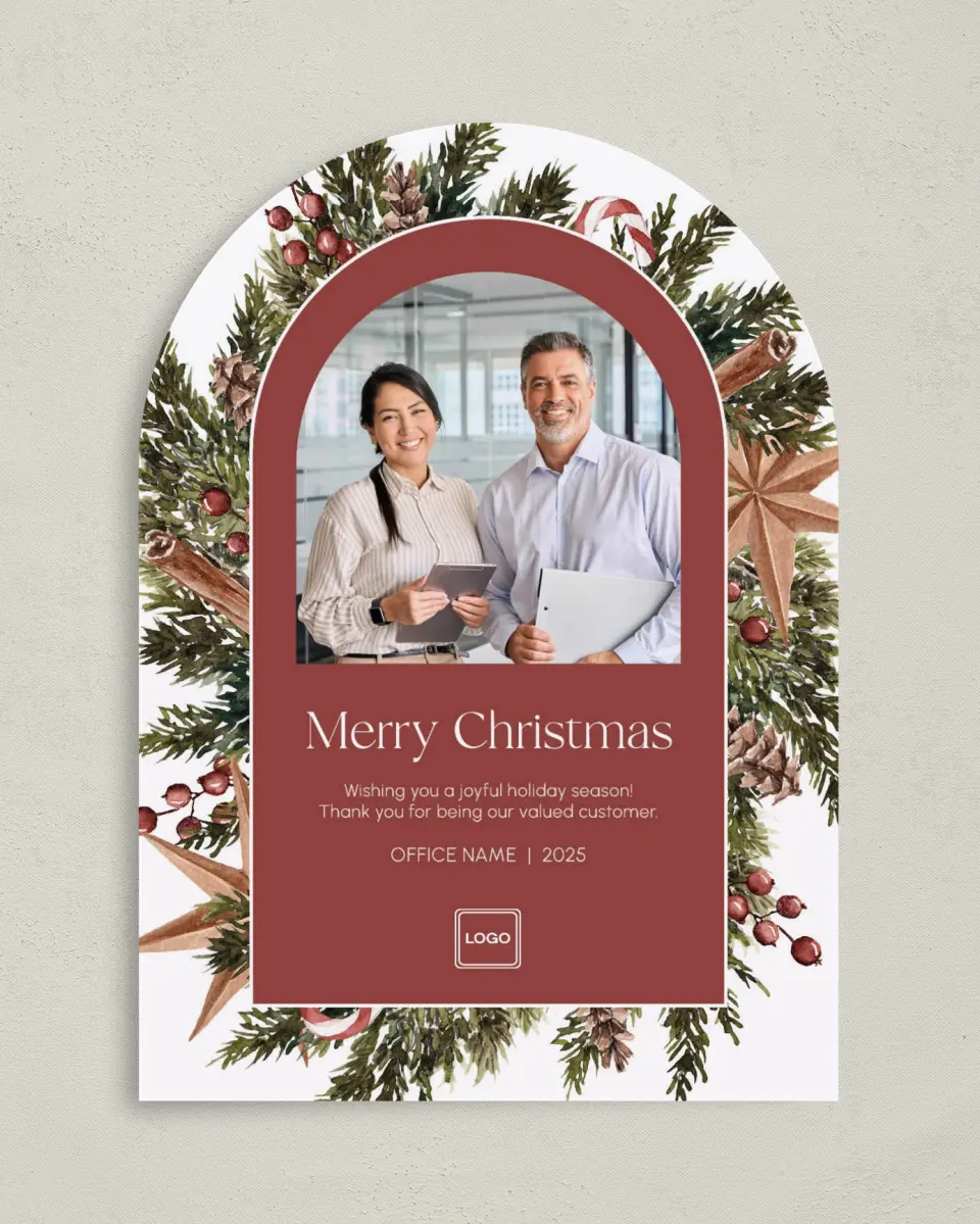 This is a 5" x 7" Christmas Card called Harvest Holiday printed in full color with Rose Gold foil on Soft Suede (coated) paper