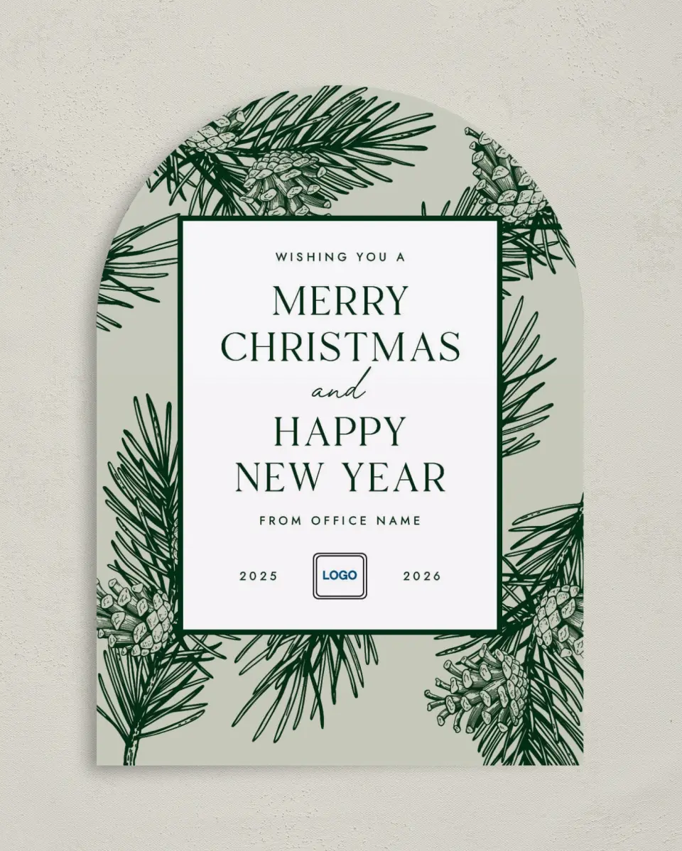 This is a 5" x 7" Christmas Card called Festive Pine printed in full color with Rose Gold foil on Soft Suede (coated) paper