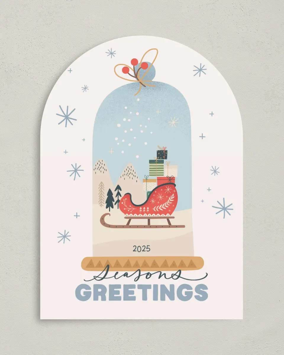 This is a 5" x 7" Christmas Card called Seasonal Snow Globe printed in full color on Premium Smooth paper