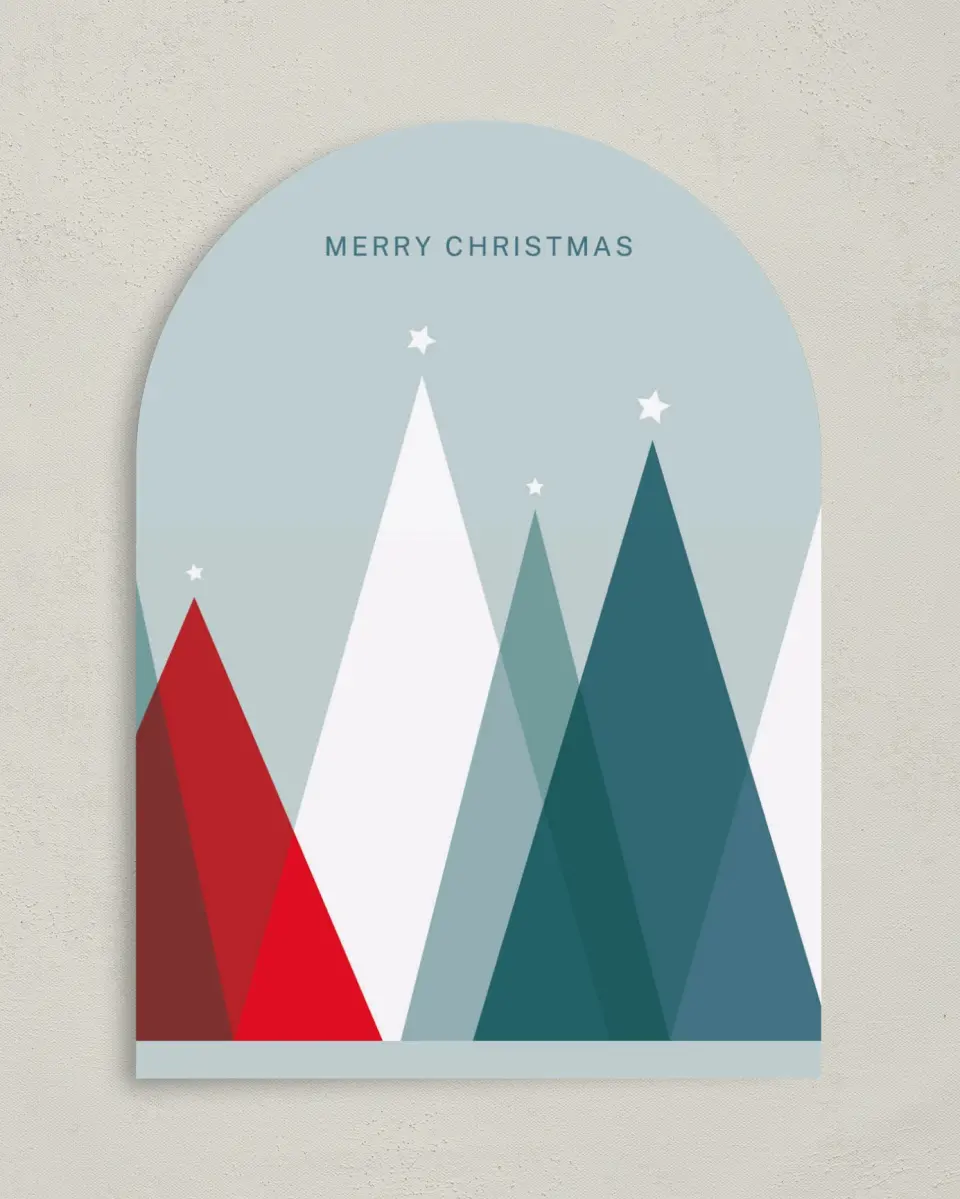This is a 5" x 7" Christmas Card called Transparent Trees printed in full color with Rose Gold foil on Soft Suede (coated) paper