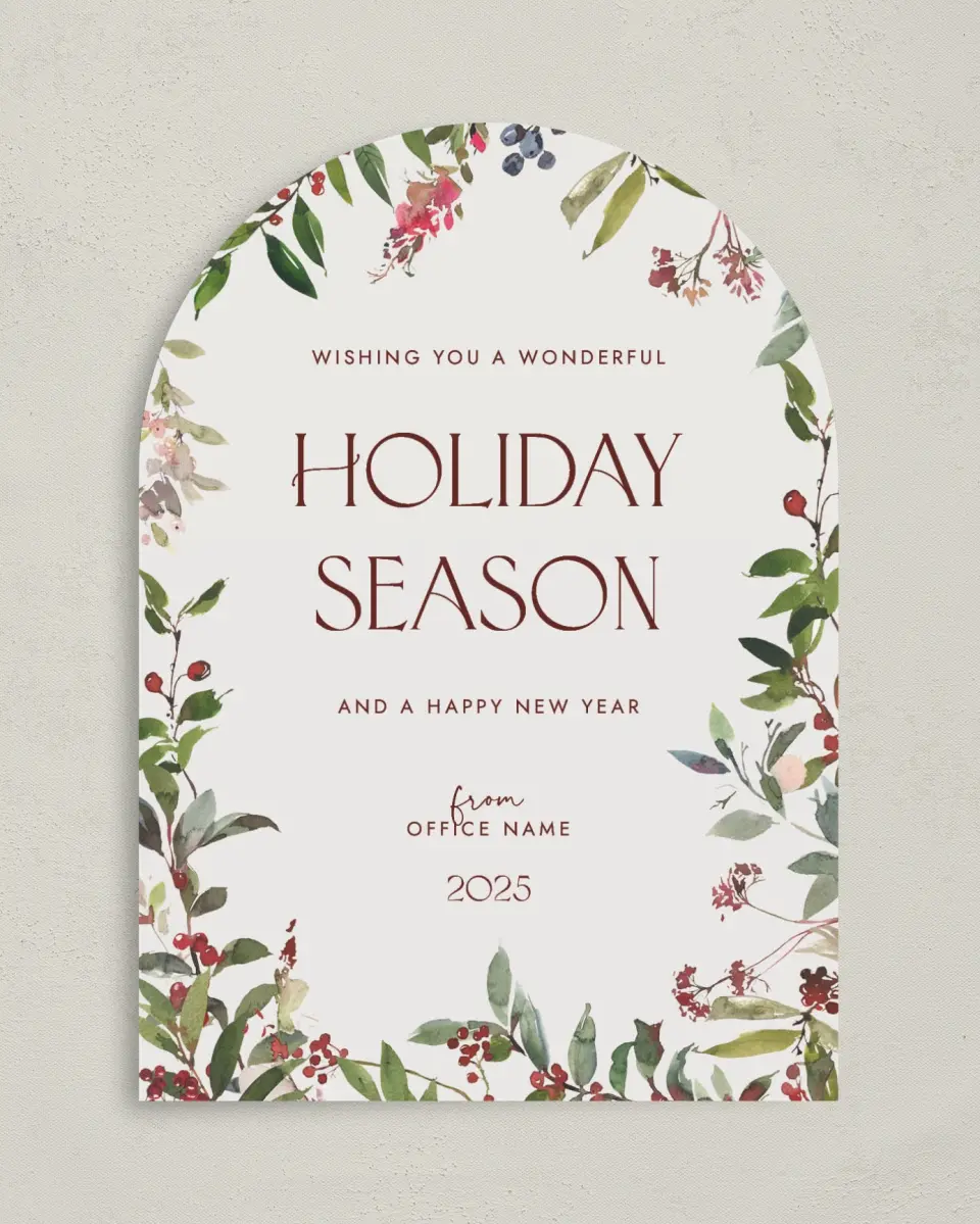 This is a 5" x 7" Christmas Card called Seasonal Berries printed in full color with Rose Gold foil on Soft Suede (coated) paper