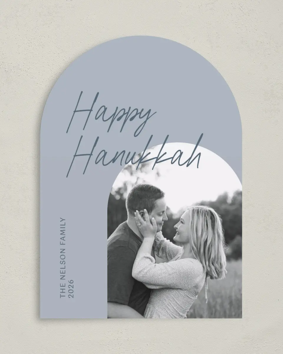 This is a 5" x 7" Hanukkah Card called Newlywed Glow printed in full color with Silver foil on Luxe Satin paper