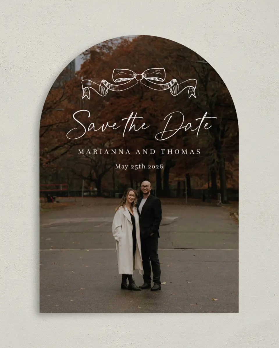 This is a 5" x 7" Arch Save the Date called Ribbon Romance printed in full color on Premium Smooth paper