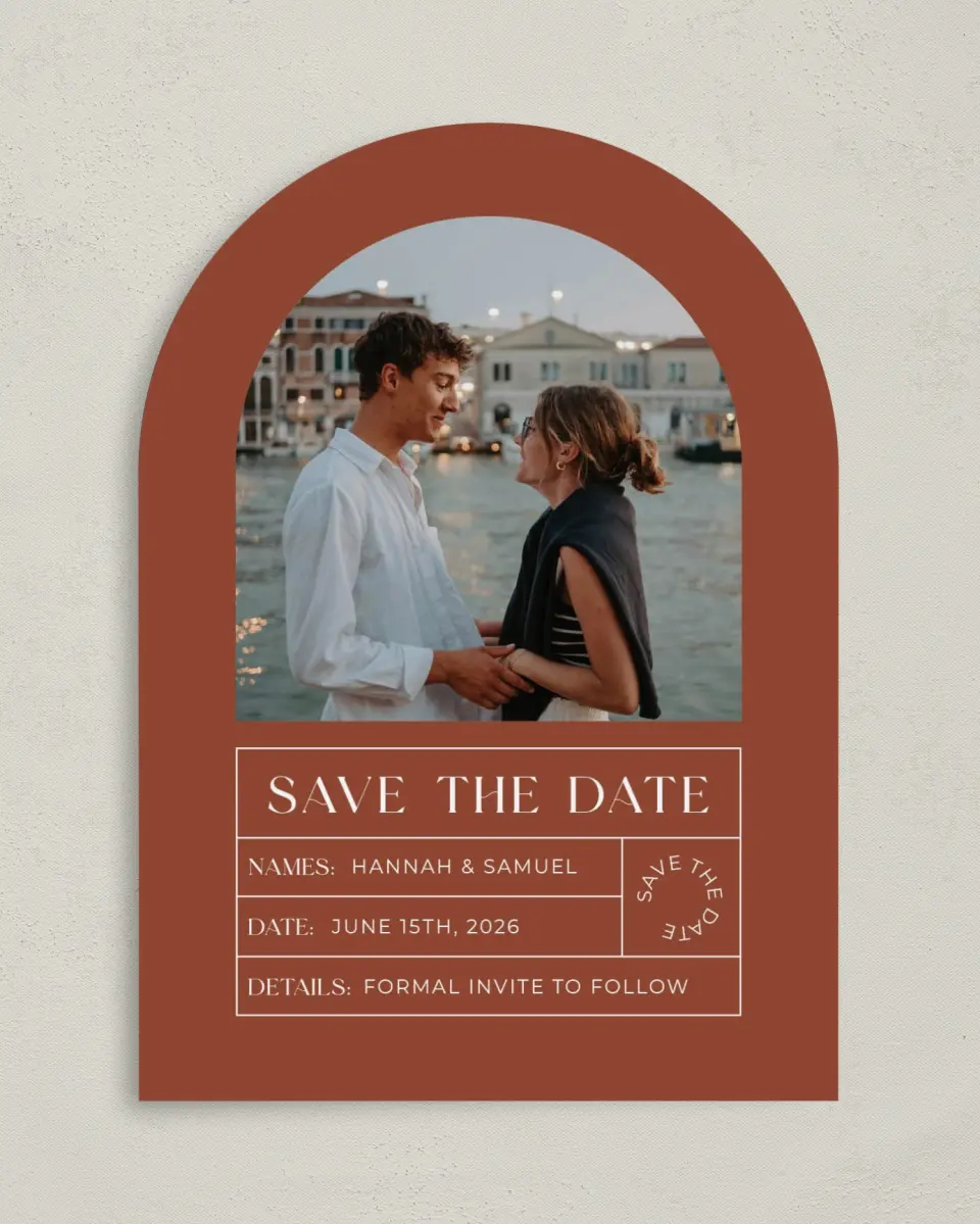 This is a 5" x 7" Arch Save the Date called Sienna Sunset printed in full color on Premium Smooth paper