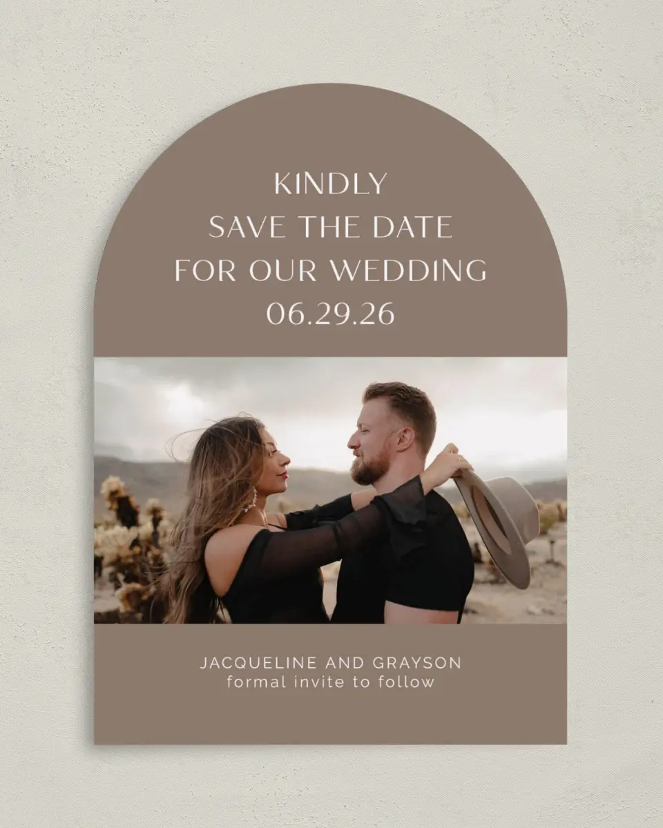This is a 5" x 7" Arch Save the Date called Suede Serenity printed in full color on Premium Smooth paper