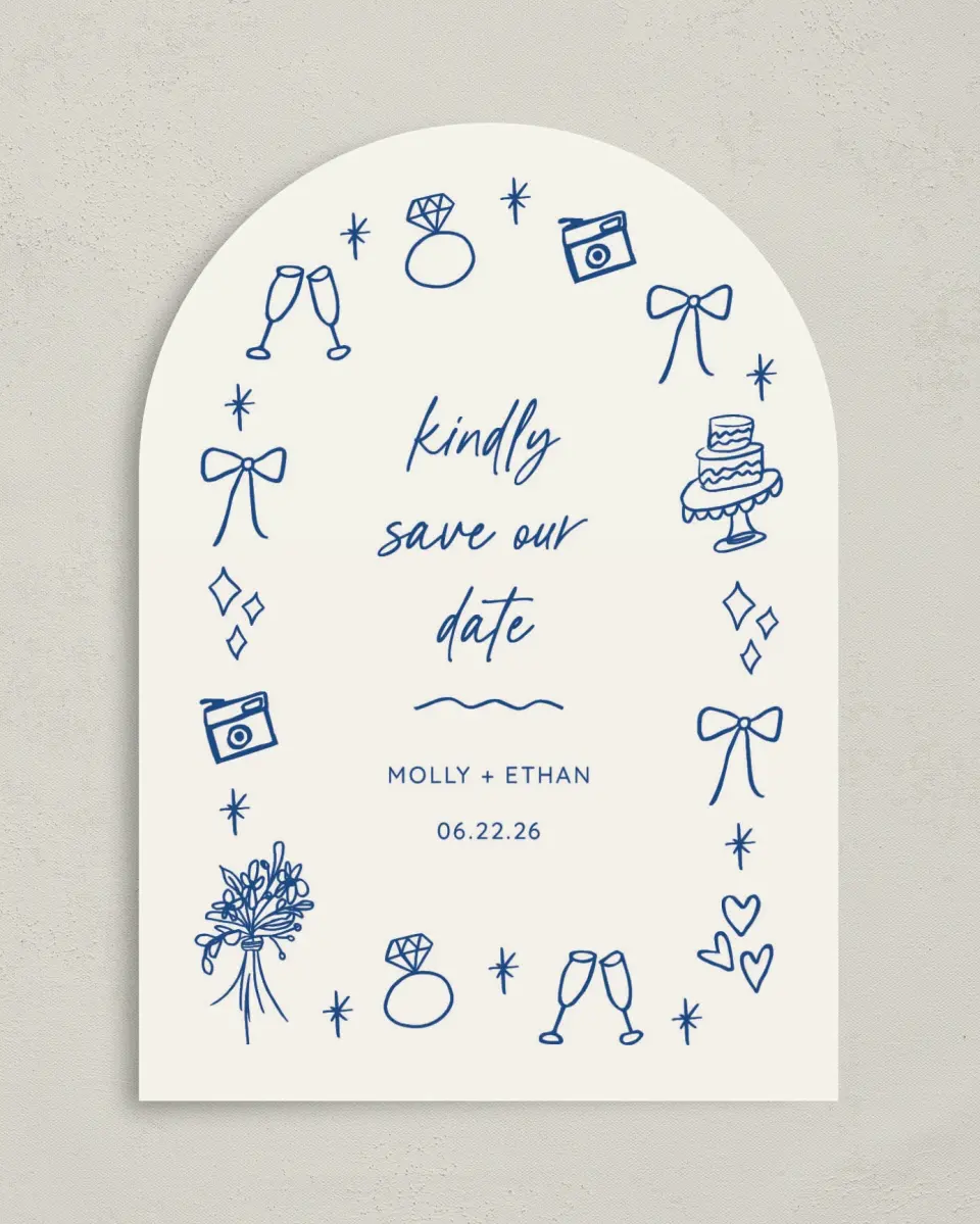 This is a 5" x 7" Arch Save the Date called Drawn to You printed in full color on Premium Smooth paper