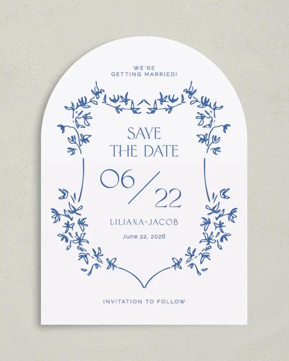 This is a 5" x 7" Arch Save the Date called Vintage Vines printed in full color on Premium Smooth paper