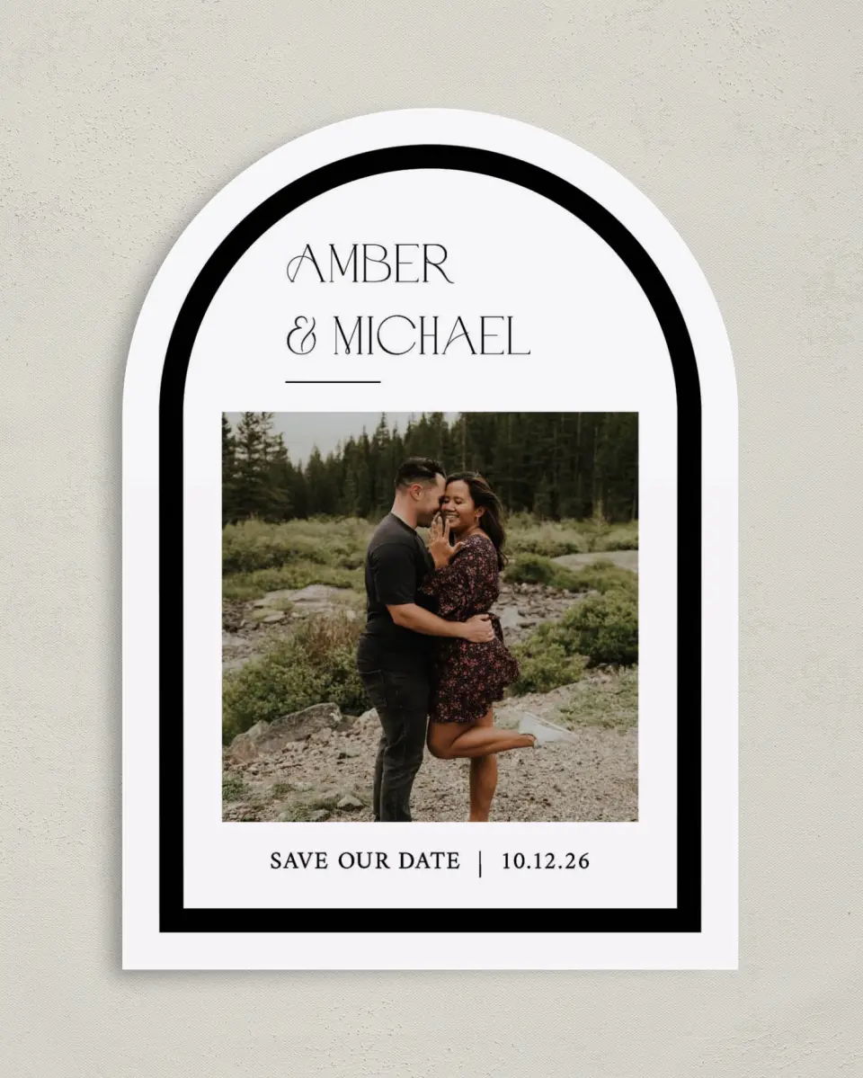 This is a 5" x 7" Arch Save the Date called The Amber printed in full color on Premium Smooth paper