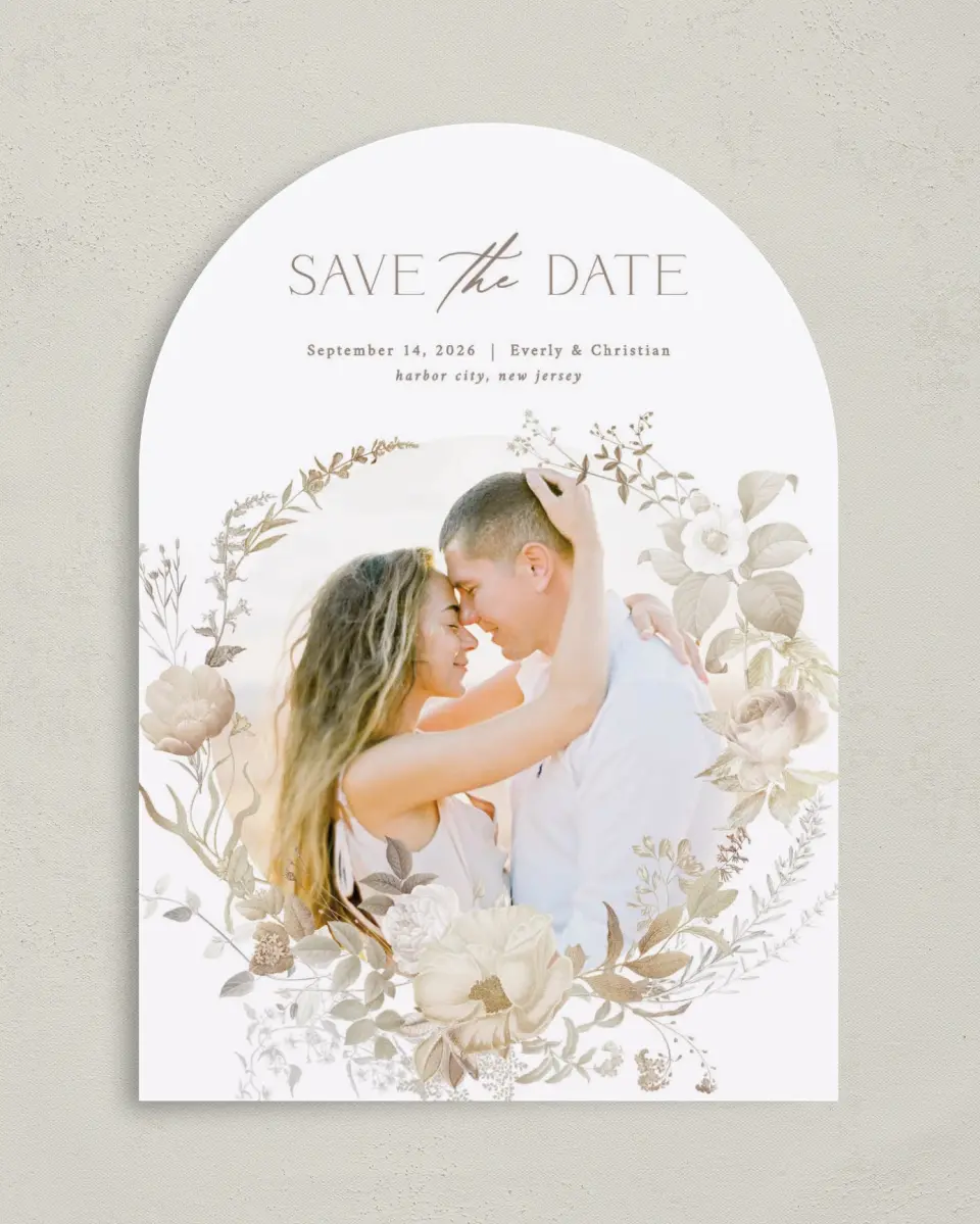 This is a 5" x 7" Arch Save the Date called The Everly printed in full color on Premium Smooth paper