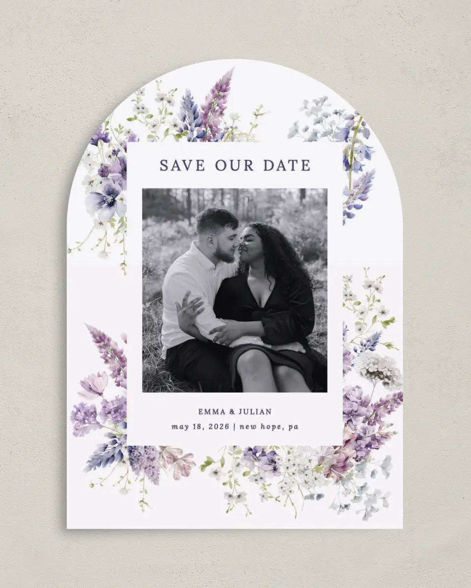 This is a 5" x 7" Arch Save the Date called Euphoric Frame printed in full color on Premium Smooth paper