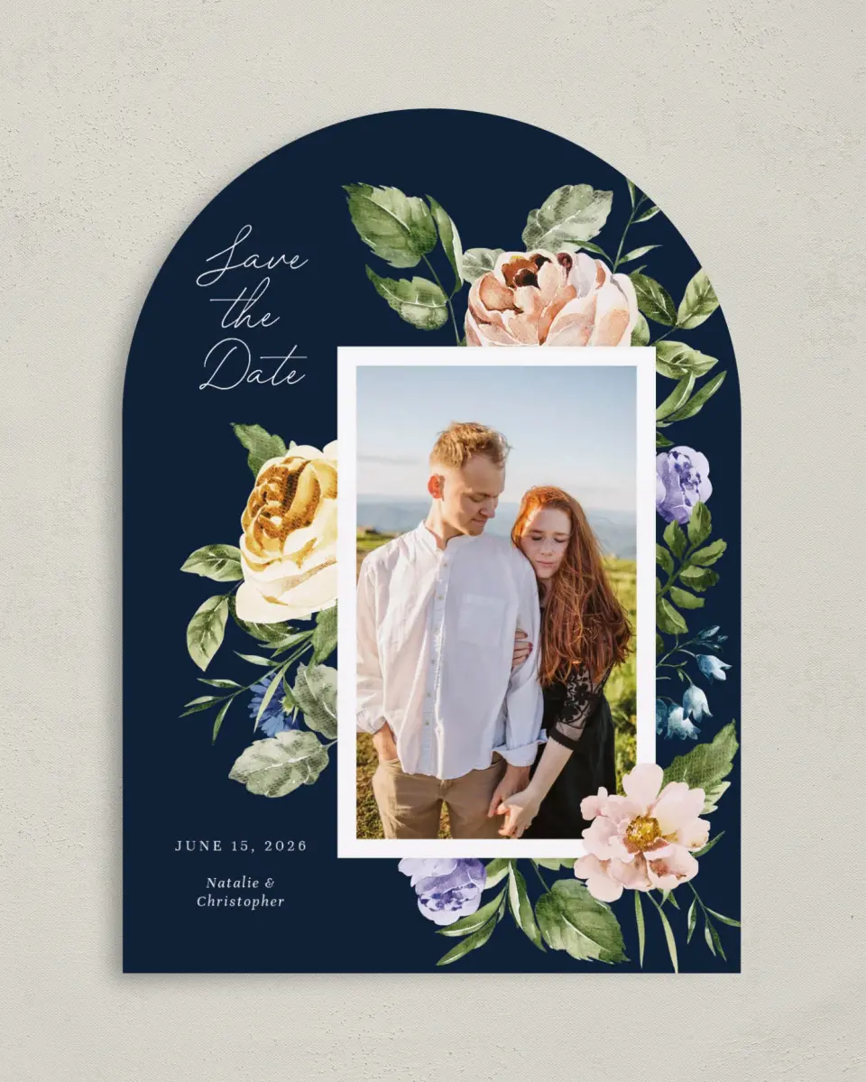This is a 5" x 7" Arch Save the Date called The Natalie printed in full color on Premium Smooth paper