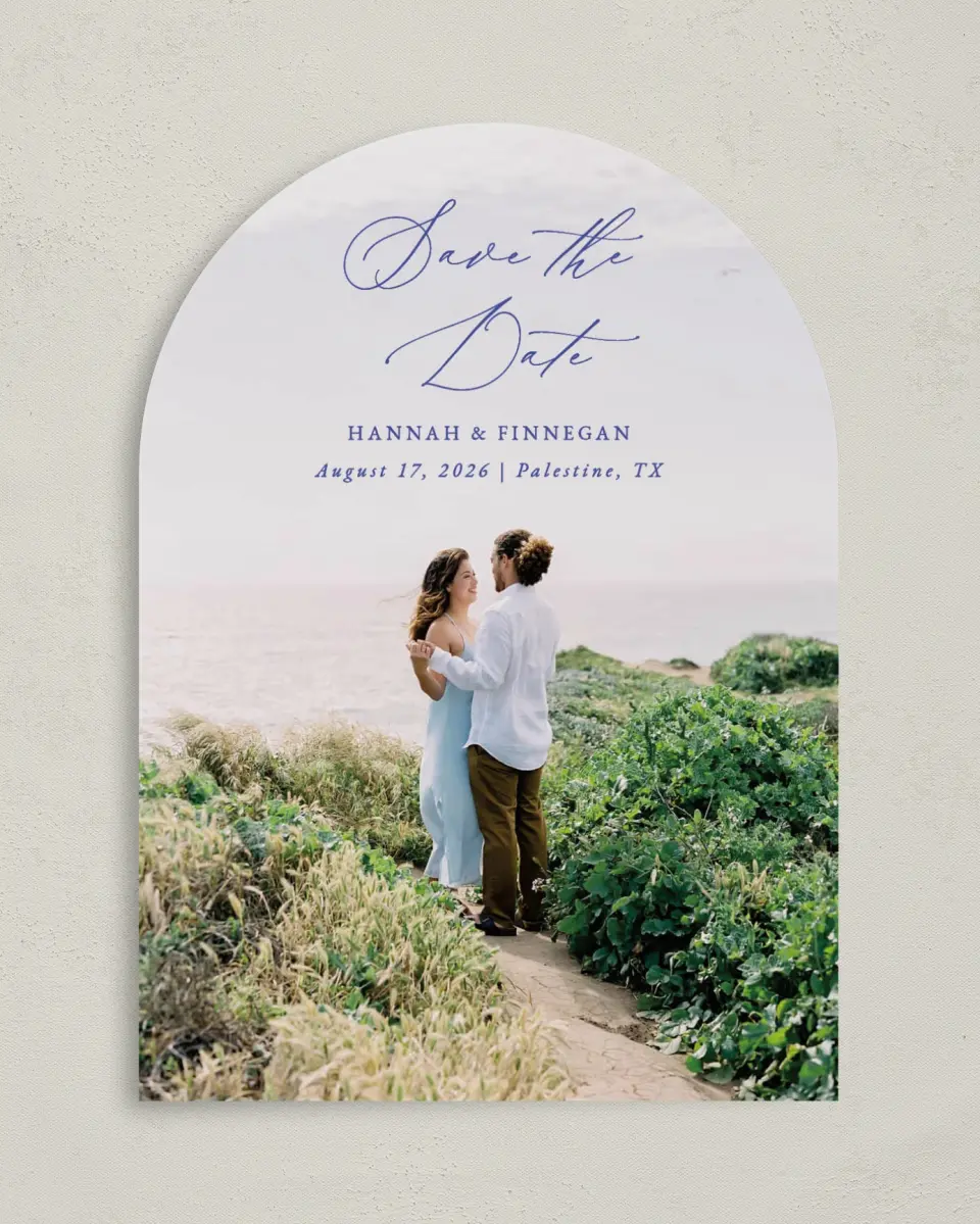 This is a 5" x 7" Arch Save the Date called Modern Chinoiserie printed in full color on Premium Smooth paper