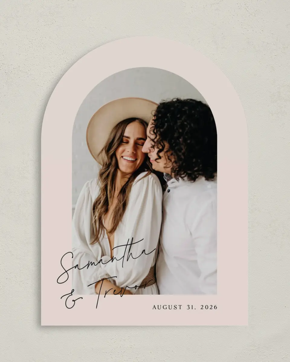 This is a 5" x 7" Arch Save the Date called The Samantha printed in full color on Premium Smooth paper