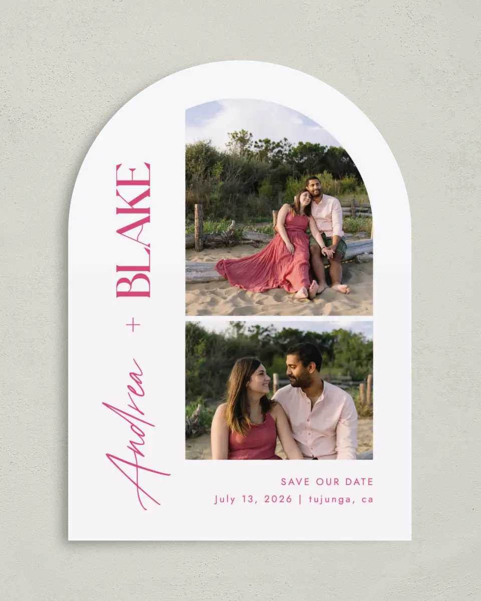 This is a 5" x 7" Arch Save the Date called The Andrea printed in full color on Premium Smooth paper