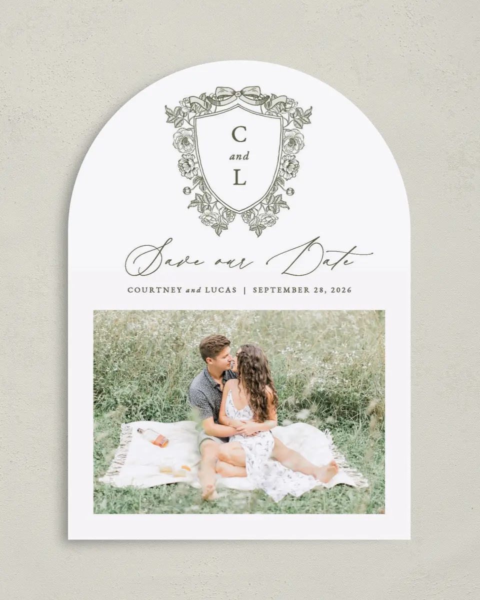 This is a 5" x 7" Arch Save the Date called Elegant Crest printed in full color on Premium Smooth paper