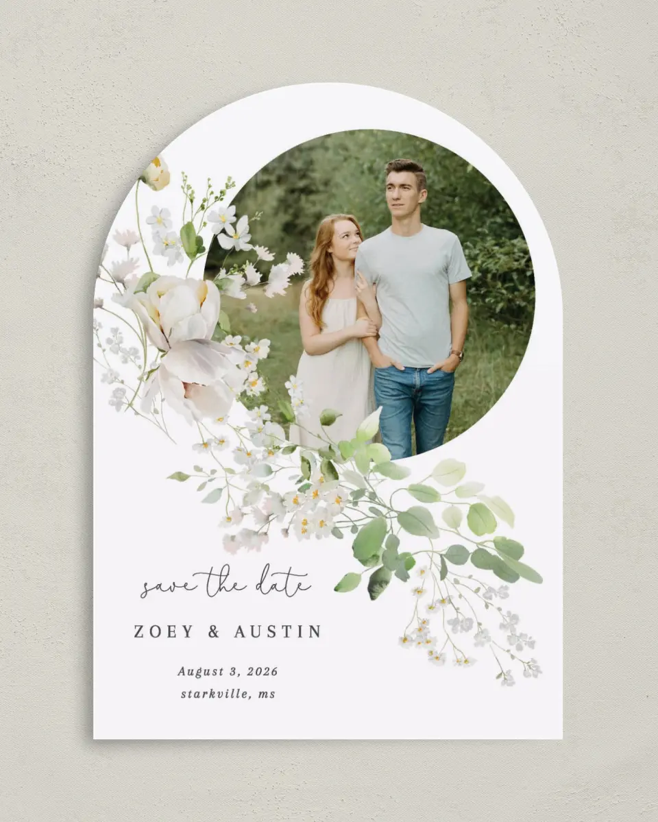 This is a 5" x 7" Arch Save the Date called The Zoey printed in full color on Premium Smooth paper