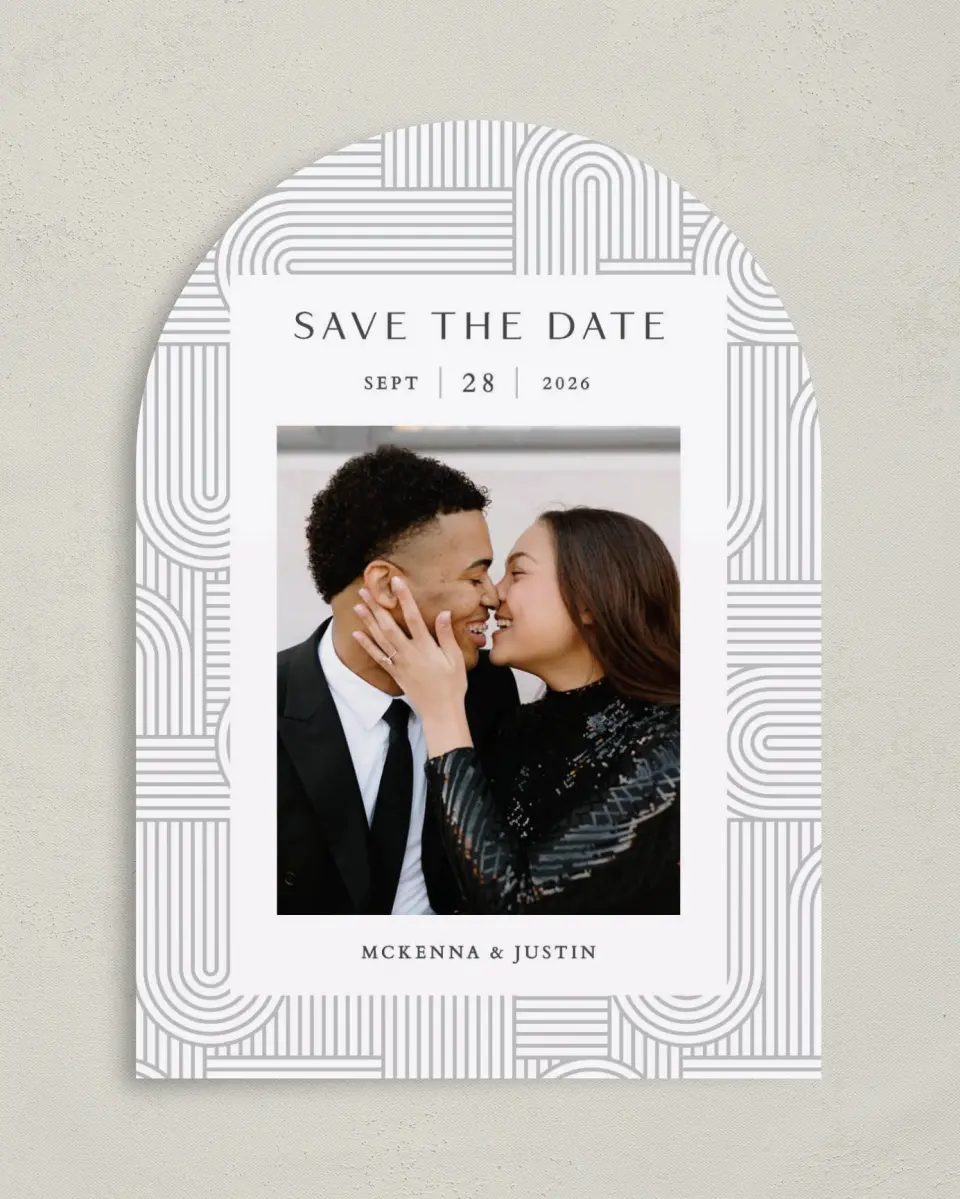 This is a 5" x 7" Arch Save the Date called Geometric Elegance printed in full color on Premium Smooth paper
