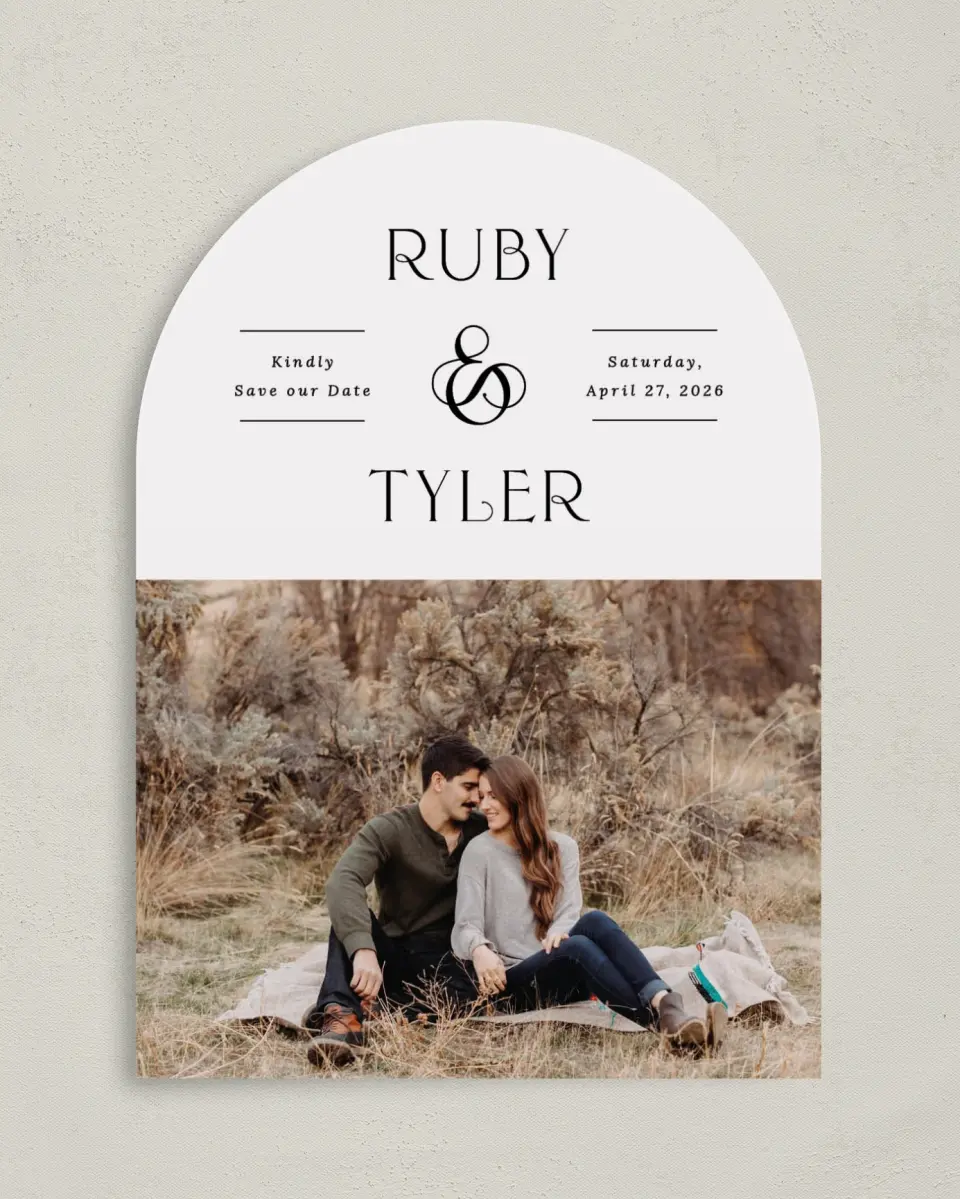 This is a 5" x 7" Arch Save the Date called The Ruby printed in full color on Premium Smooth paper