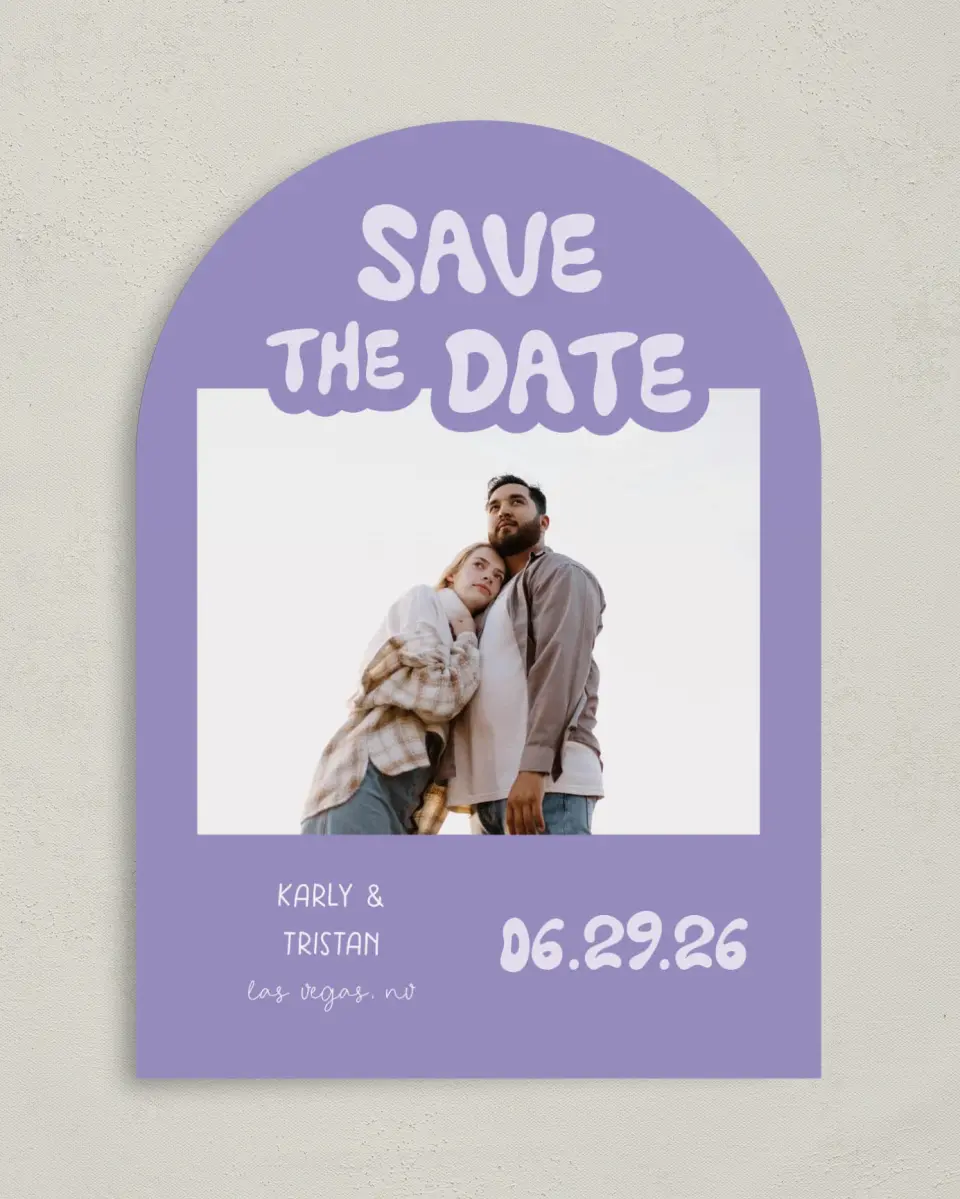 This is a 5" x 7" Arch Save the Date called The Karly printed in full color on Premium Smooth paper