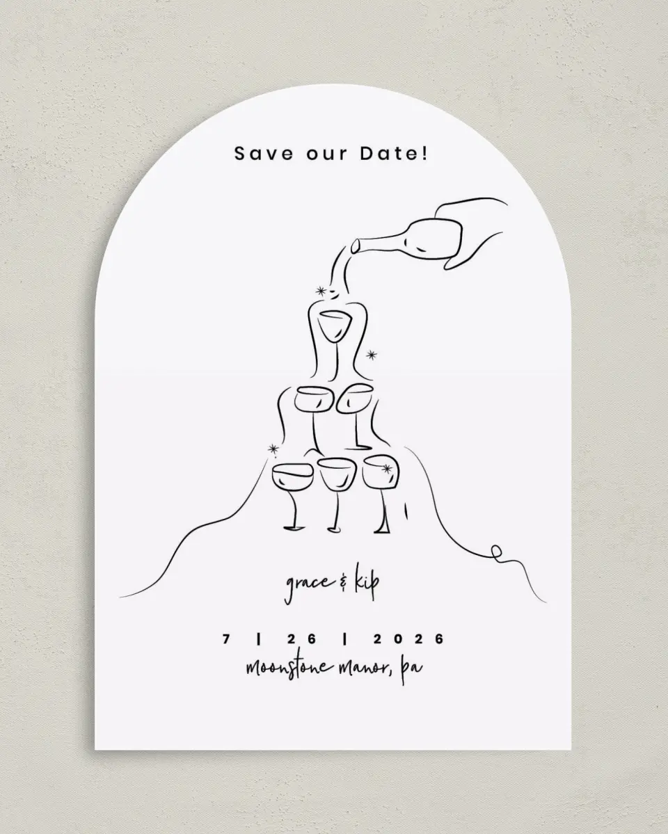 This is a 5" x 7" Arch Save the Date called Love Overflows printed in full color with Gold foil on Luxe Satin paper