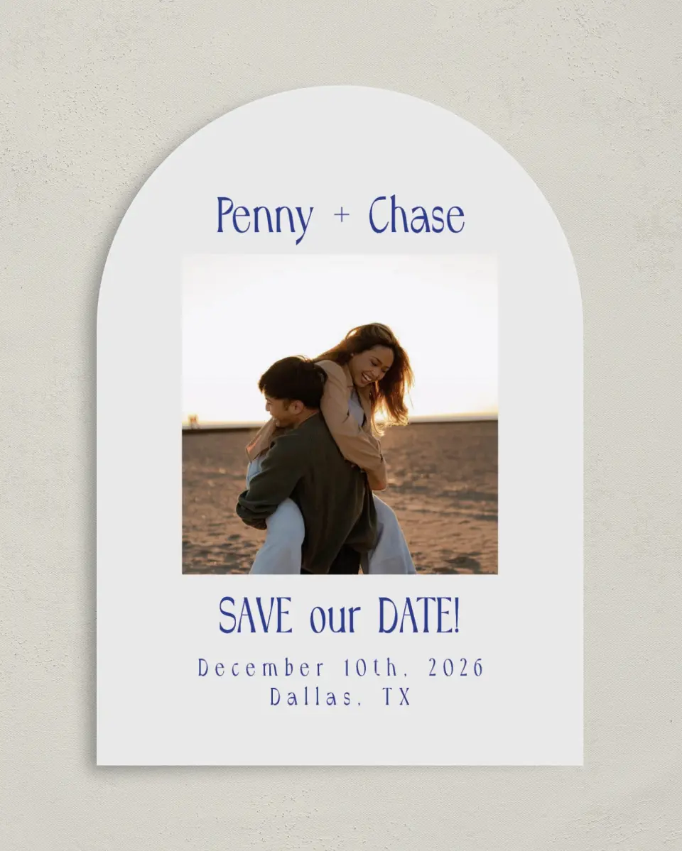 This is a 5" x 7" Arch Save the Date called Retro Love printed in full color with Silver foil on Luxe Satin paper