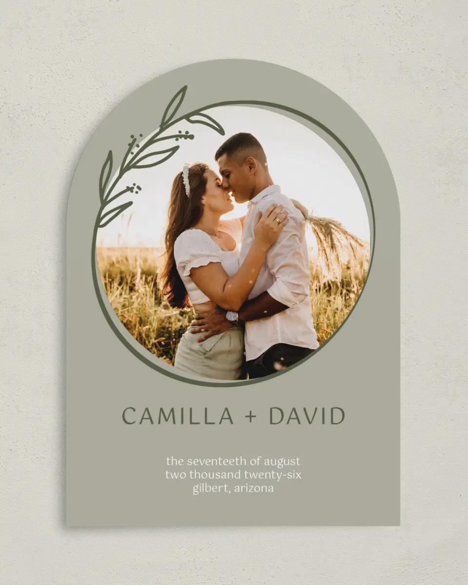 This is a 5" x 7" Arch Save the Date called Growing to Blossom printed in full color on Premium Smooth paper