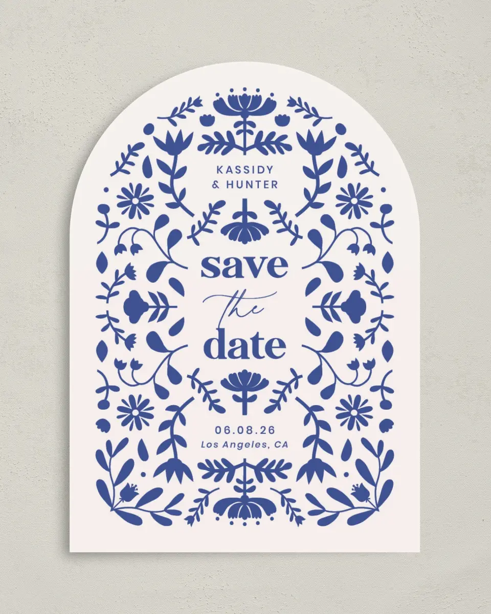 This is a 5" x 7" Arch Save the Date called The Kassidy printed in full color on Premium Smooth paper
