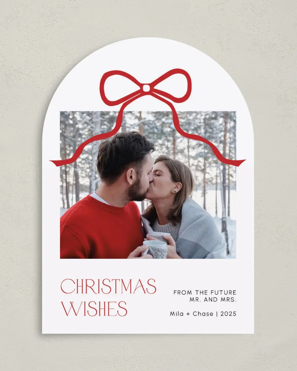 This is a 5" x 7" Christmas Card called Winter Ribbon Romance printed in full color on Premium Smooth paper