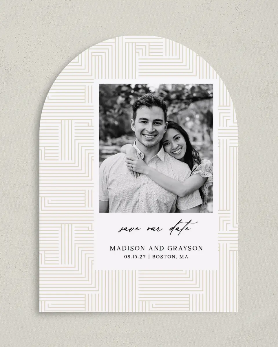 This is a 5" x 7" Arch Save the Date called Love Maze printed in full color with Gold foil on Premium Smooth paper