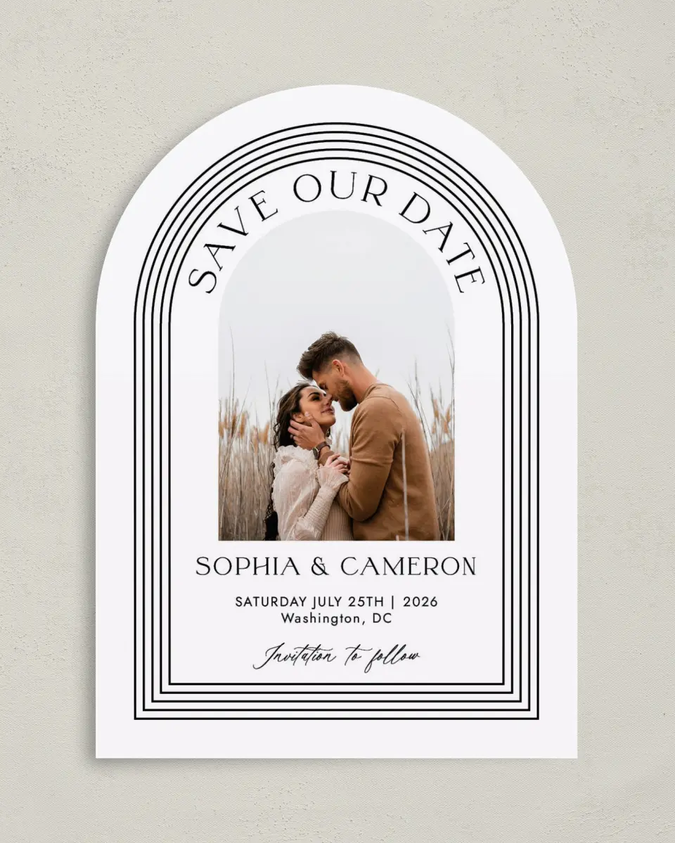 This is a 5" x 7" Arch Save the Date called Passionate Arch printed in full color with Gold foil on Premium Smooth paper