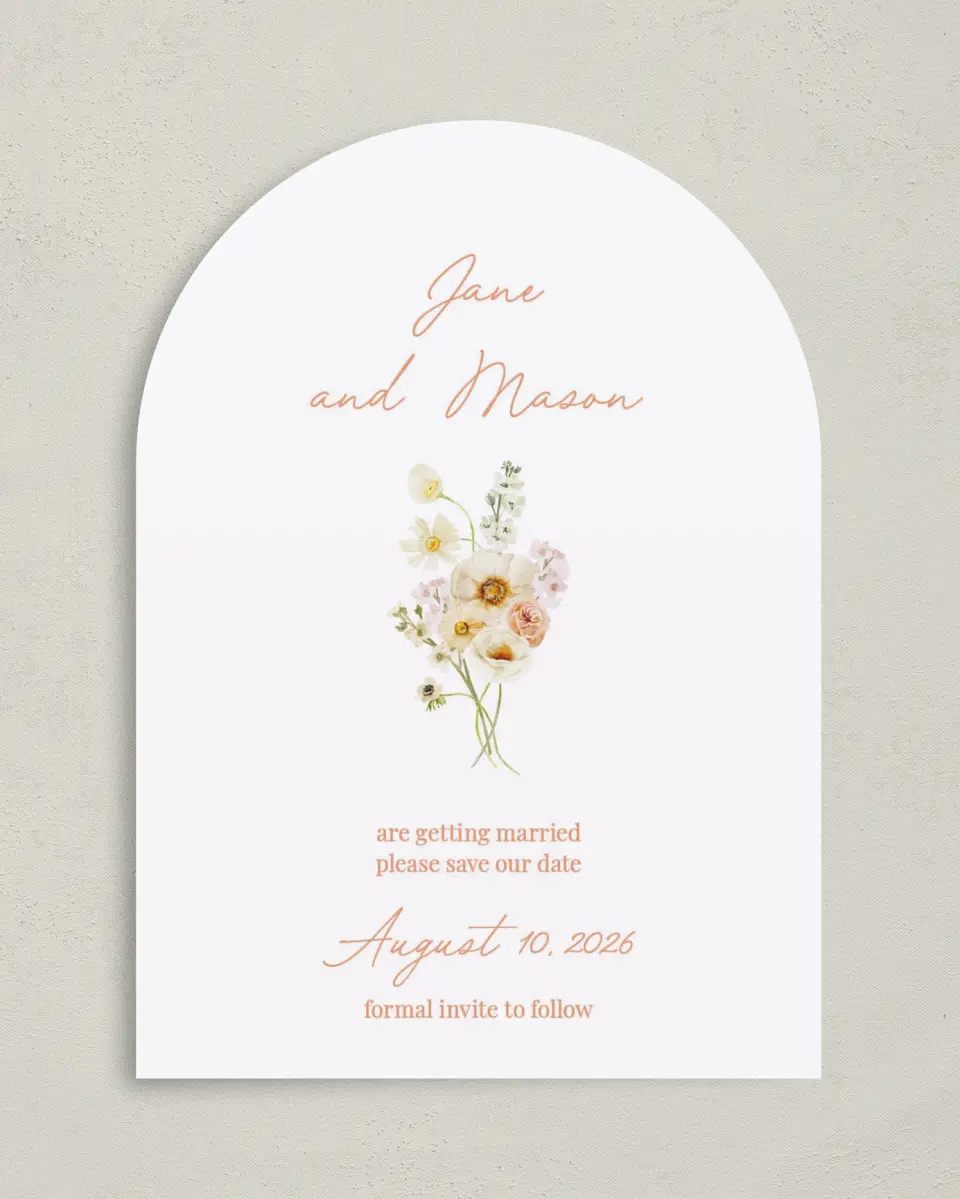 This is a 5" x 7" Arch Save the Date called Warm Wildflowers printed in full color on Premium Smooth paper