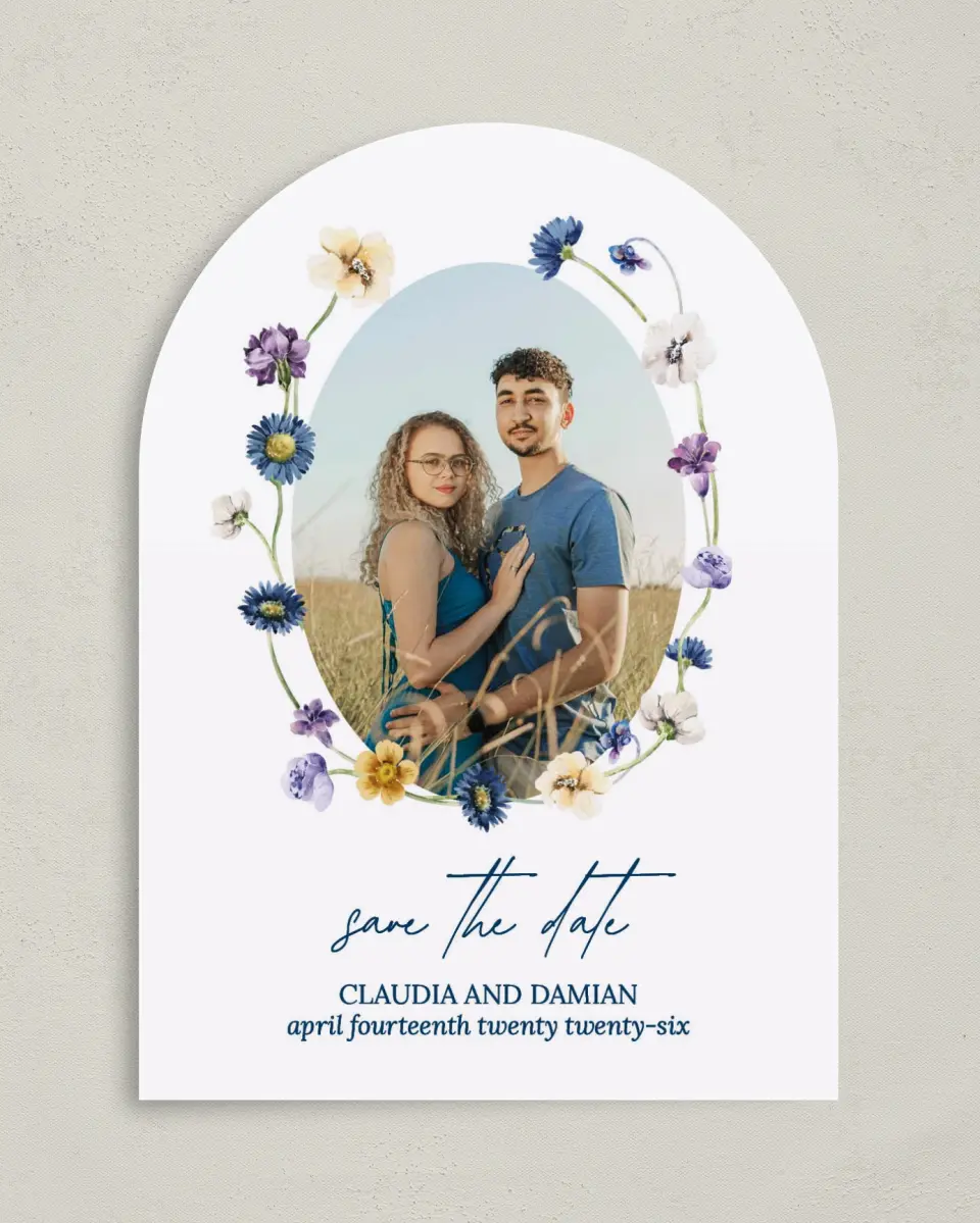 This is a 5" x 7" Arch Save the Date called Wildest Dream printed in full color on Premium Smooth paper